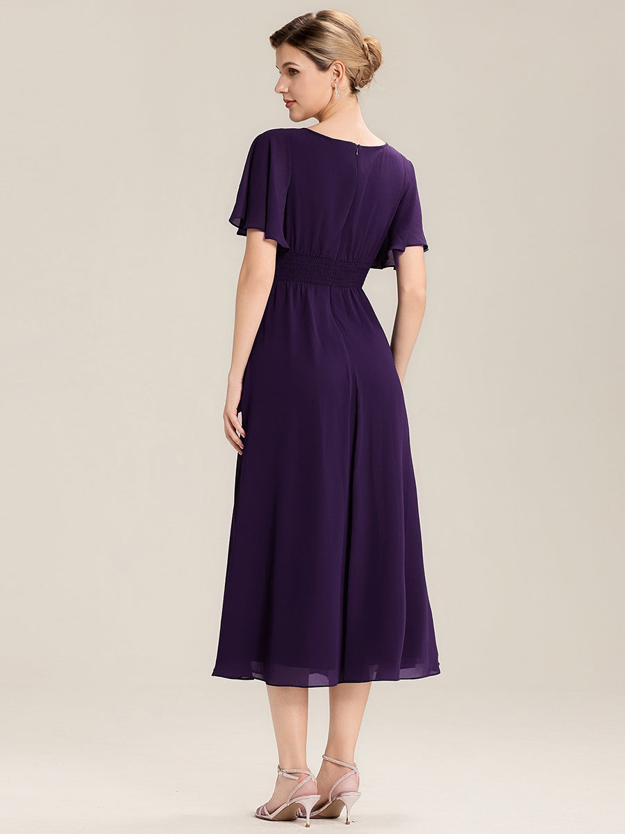 Robe de soirée mi-longue en mousseline de soie à manches courtes #Couleur_Violet Fonce