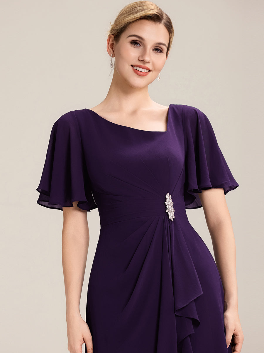 Robe de soirée mi-longue en mousseline de soie à manches courtes #Couleur_Violet Fonce
