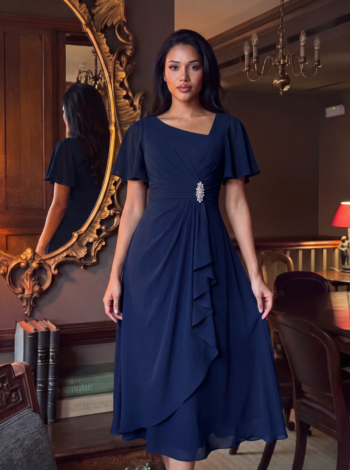 Robe de soirée mi-longue en mousseline de soie à manches courtes #Couleur_Bleu Marine