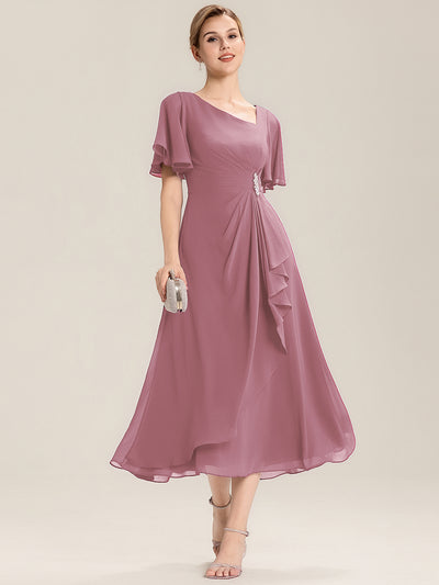 ever LILOU|Robe de soirée mi-longue en mousseline de soie à manches courtes