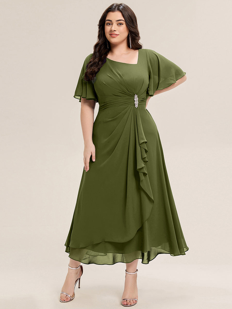 Robe de soirée mi-longue en mousseline de soie à manches courtes #Couleur_Vert Olive