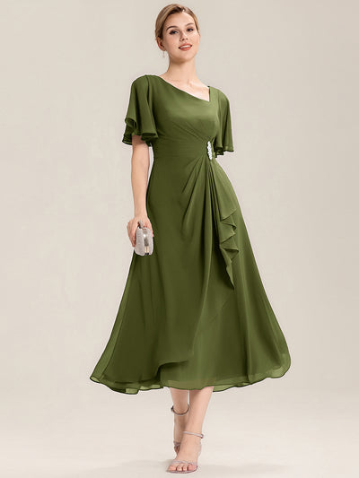 ever LILOU|Robe de soirée mi-longue en mousseline de soie à manches courtes