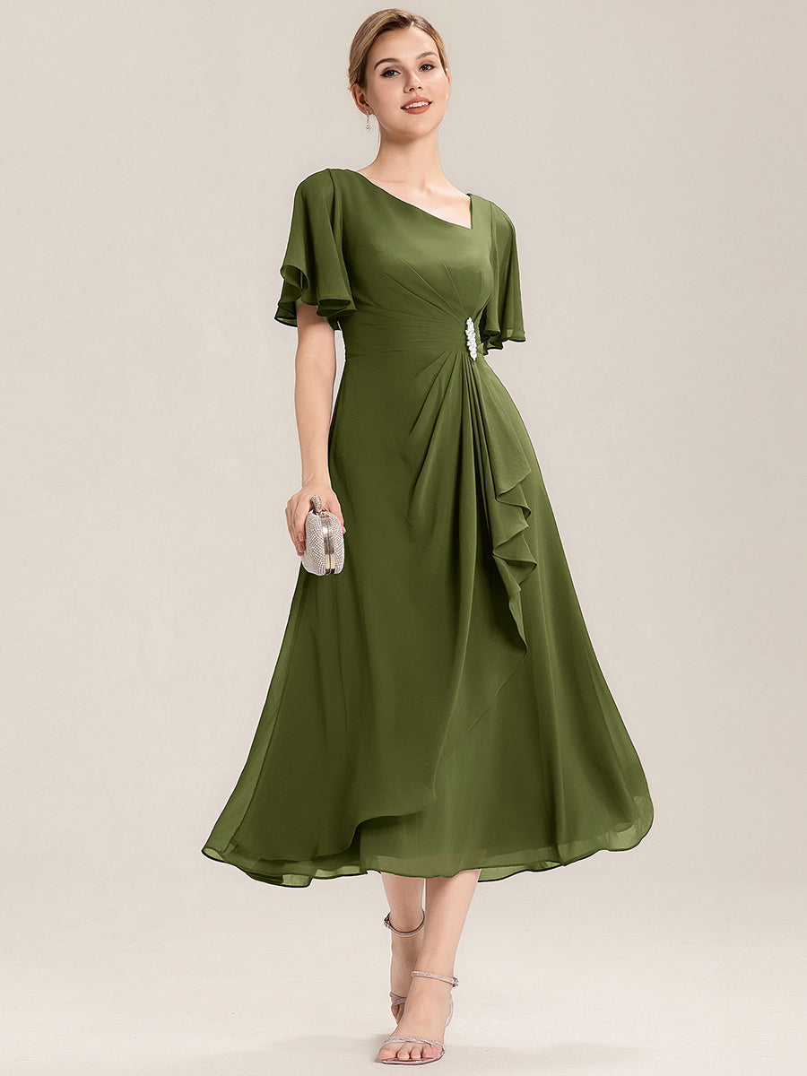 Robe de soirée mi-longue en mousseline de soie à manches courtes #Couleur_Vert Olive