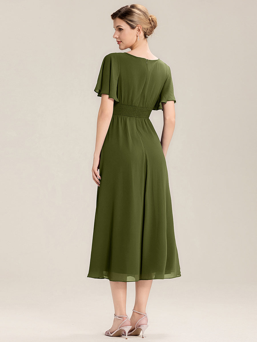 Robe de soirée mi-longue en mousseline de soie à manches courtes #Couleur_Vert Olive