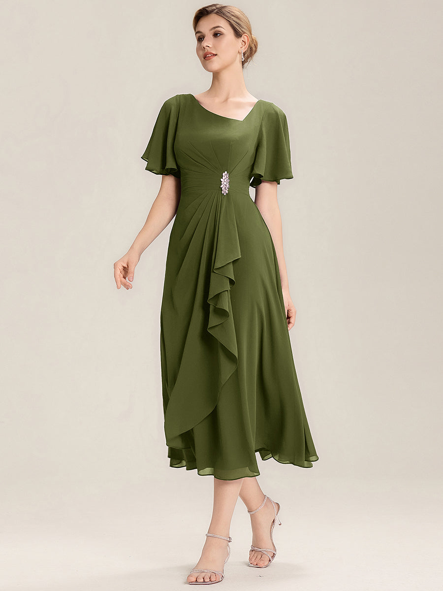 Robe de soirée mi-longue en mousseline de soie à manches courtes #Couleur_Vert Olive
