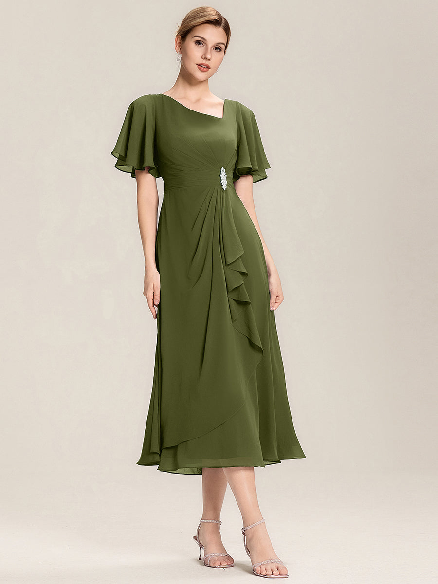 Robe de soirée mi-longue en mousseline de soie à manches courtes #Couleur_Vert Olive