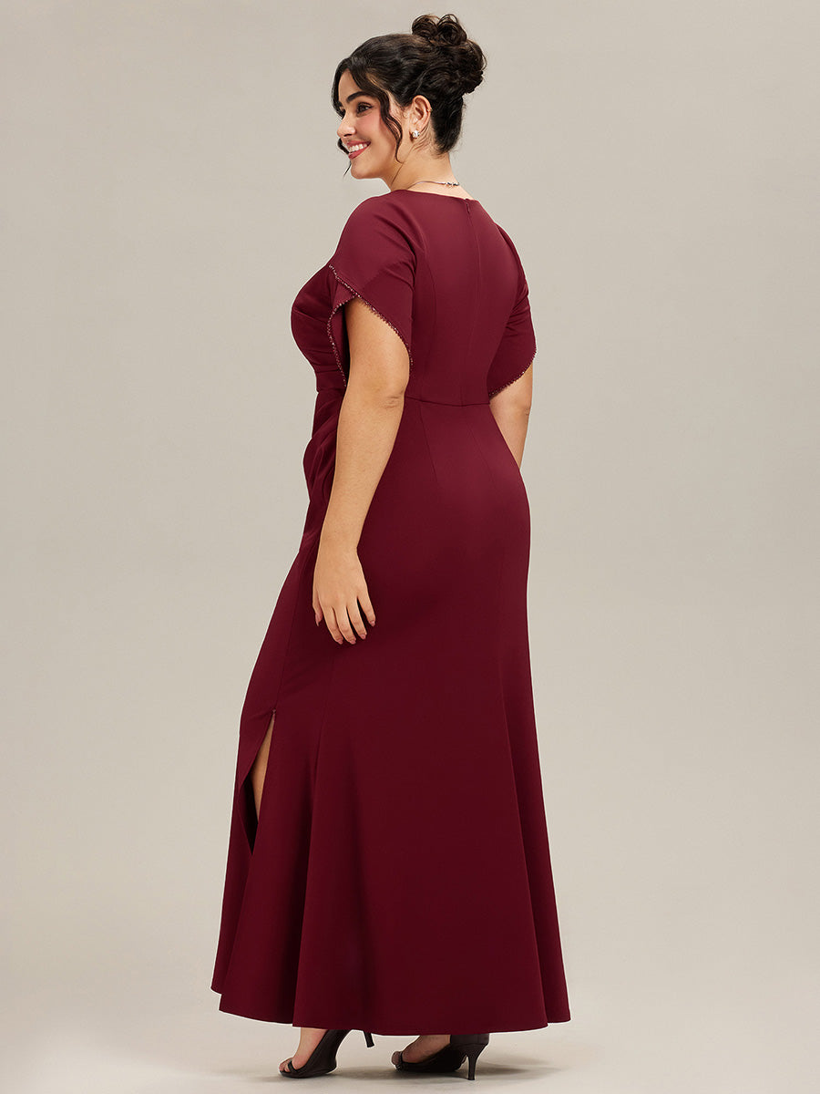 Robe de soirée fendue à manches tulipes jusqu'aux cuisses #Couleur_Bordeaux