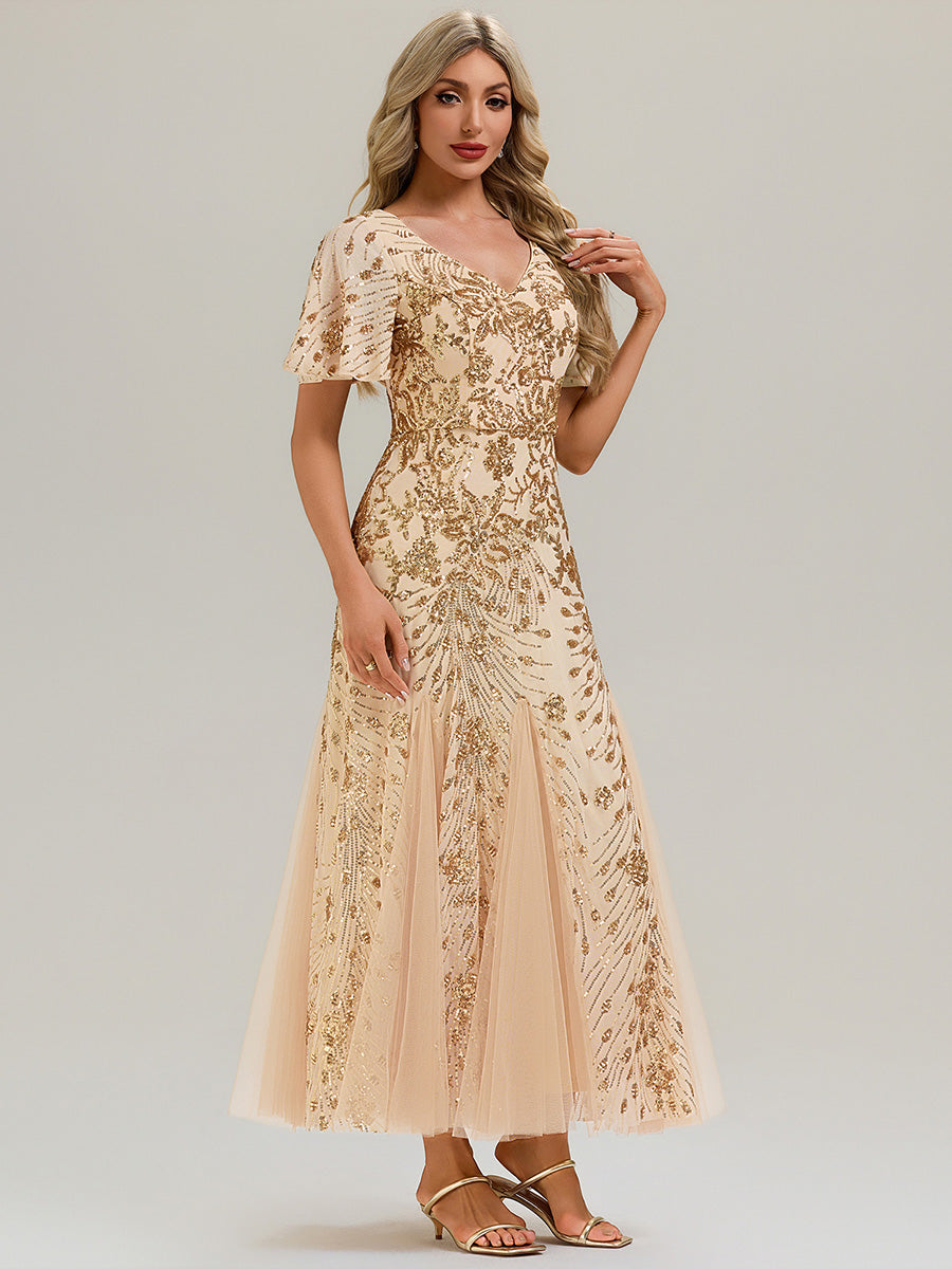 Robe de soirée brodée à paillettes et manches à volants #Couleur_Dorée