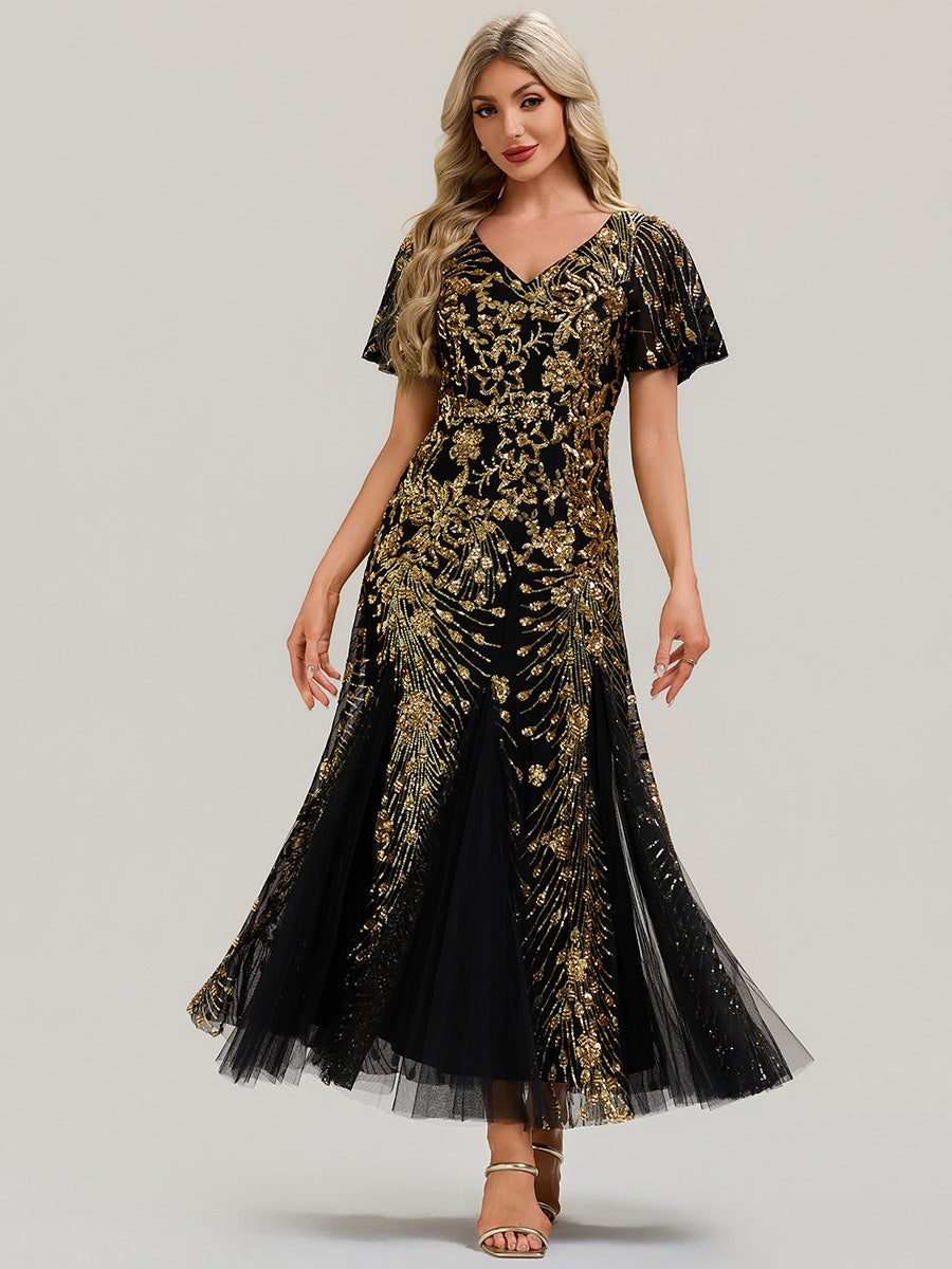 Robe de soirée brodée à paillettes et manches à volants #Couleur_Noir & Or