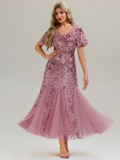 ever ANNIKA|Robe de soirée brodée à paillettes et manches à volants