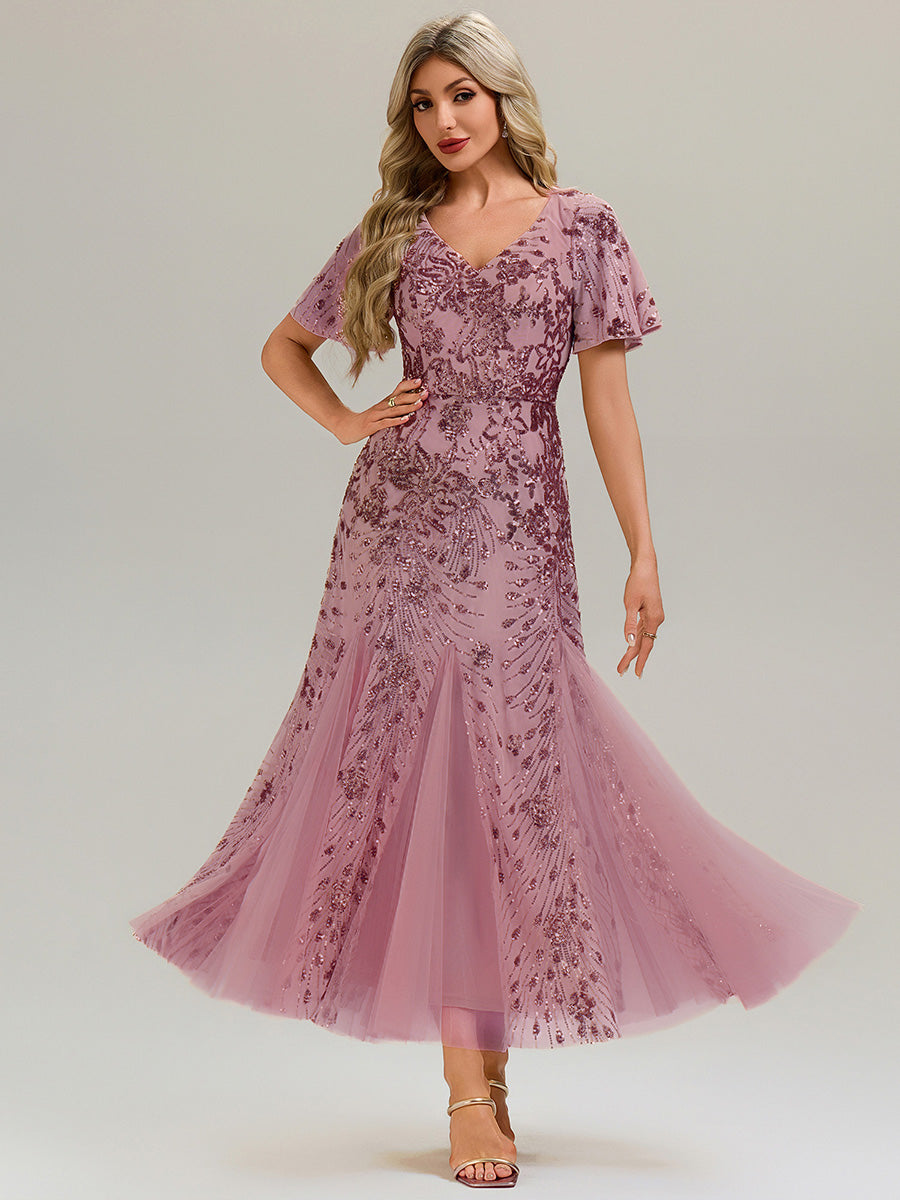 Robe de soirée brodée à paillettes et manches à volants #Couleur_Orchidee
