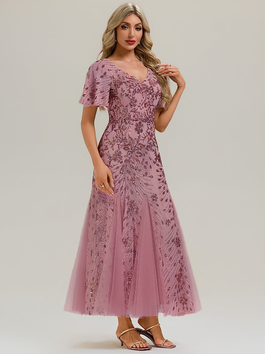 Robe de soirée brodée à paillettes et manches à volants #Couleur_Orchidee