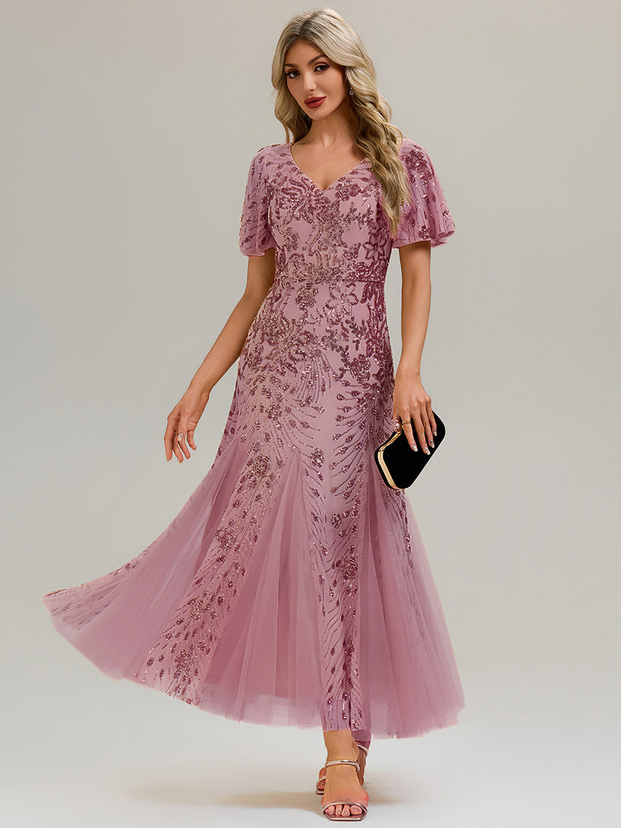 Robe de soirée brodée à paillettes et manches à volants #Couleur_Orchidee
