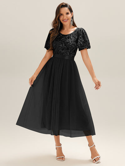 Robe de soirée mi-longue en tulle à sequins et col rond(Vente Finale)