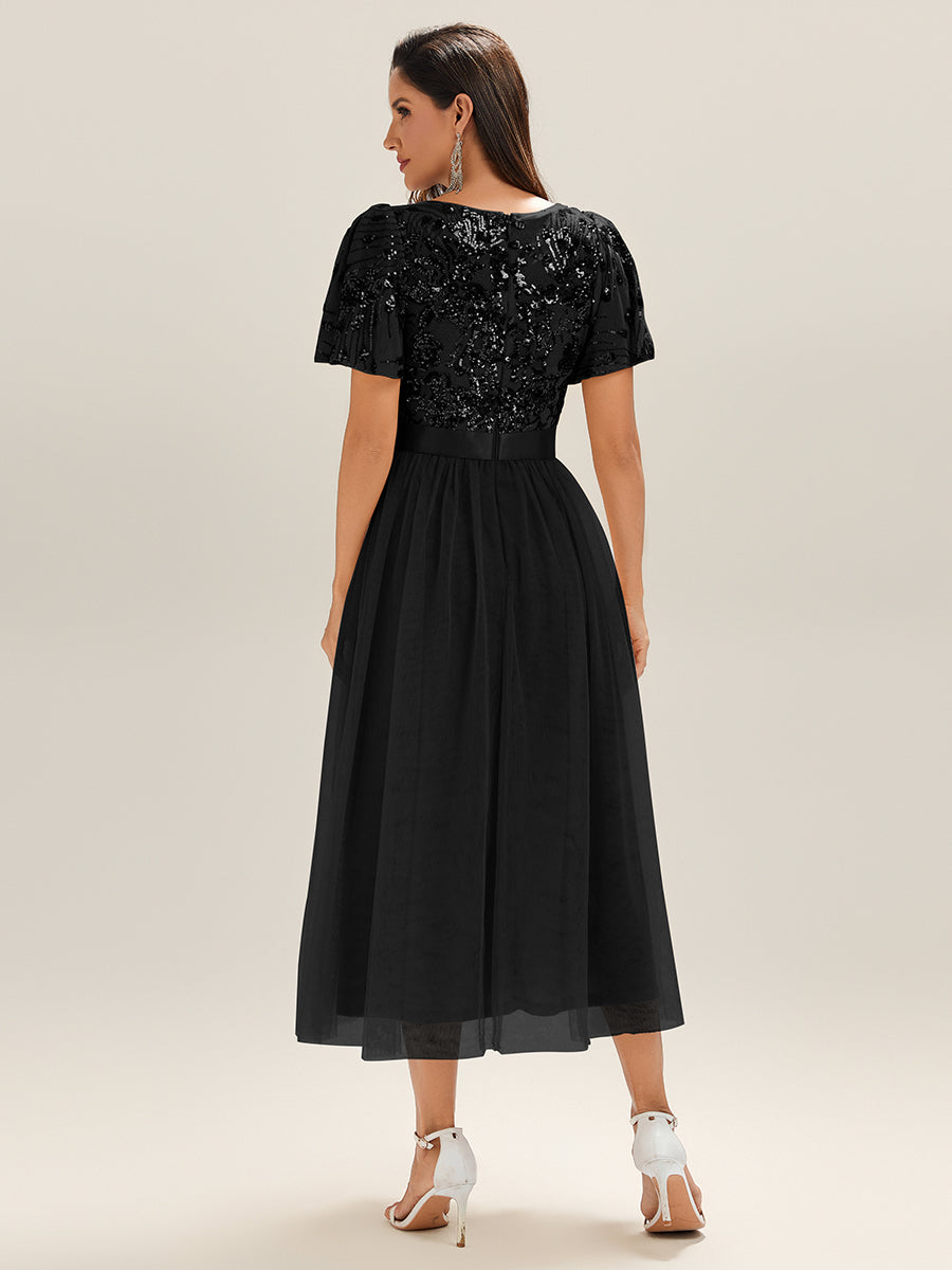 Robe de soirée à col en V profond et manches à volants et sequins #Couleur_Noir