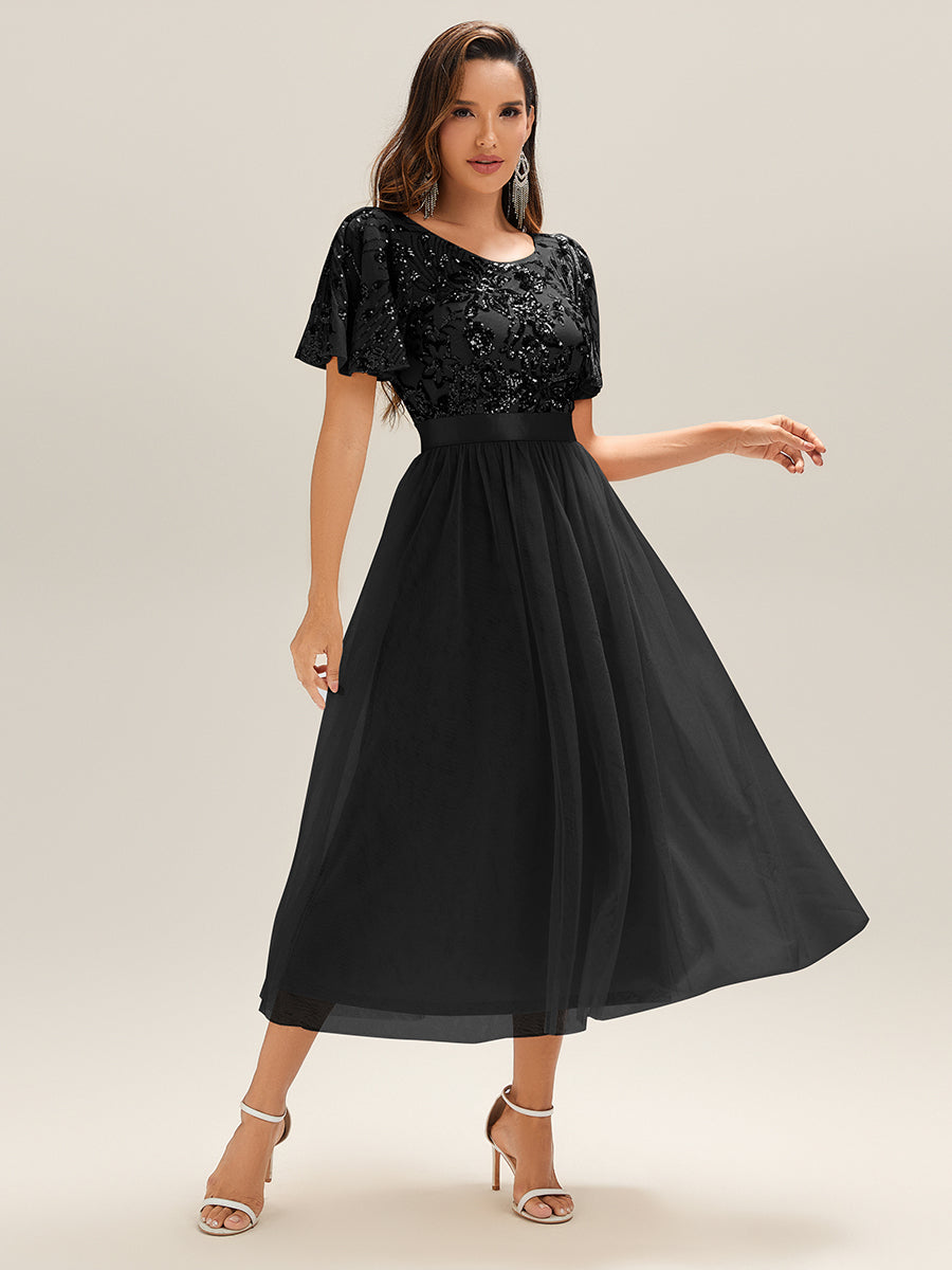 Robe de soirée à col en V profond et manches à volants et sequins #Couleur_Noir