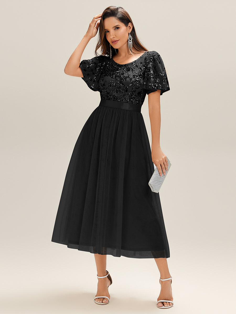 Robe de soirée à col en V profond et manches à volants et sequins #Couleur_Noir