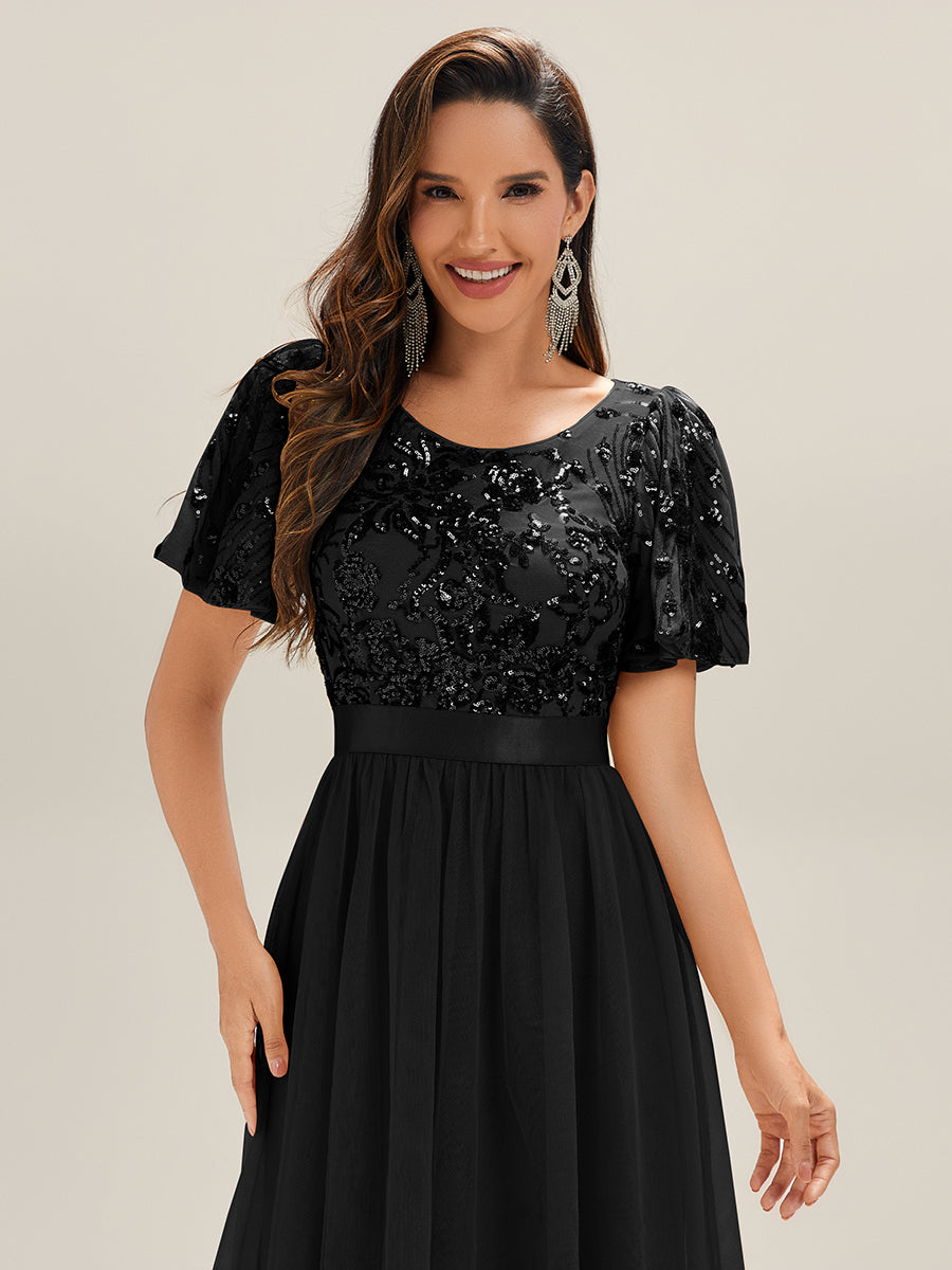 Robe de soirée à col en V profond et manches à volants et sequins #Couleur_Noir