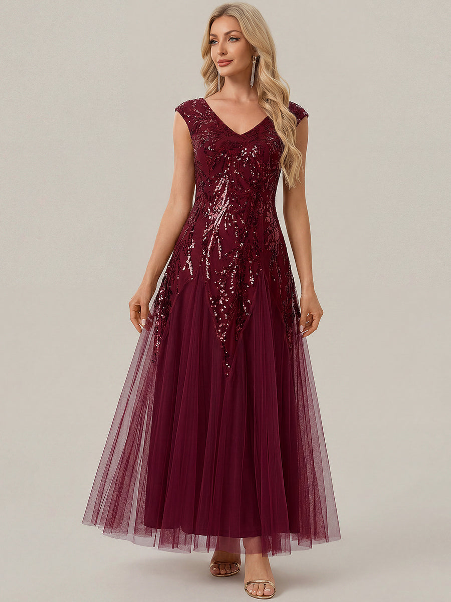 robe longue sans manches décolletée en V brodée de fleurs en A #Couleur_Bordeaux