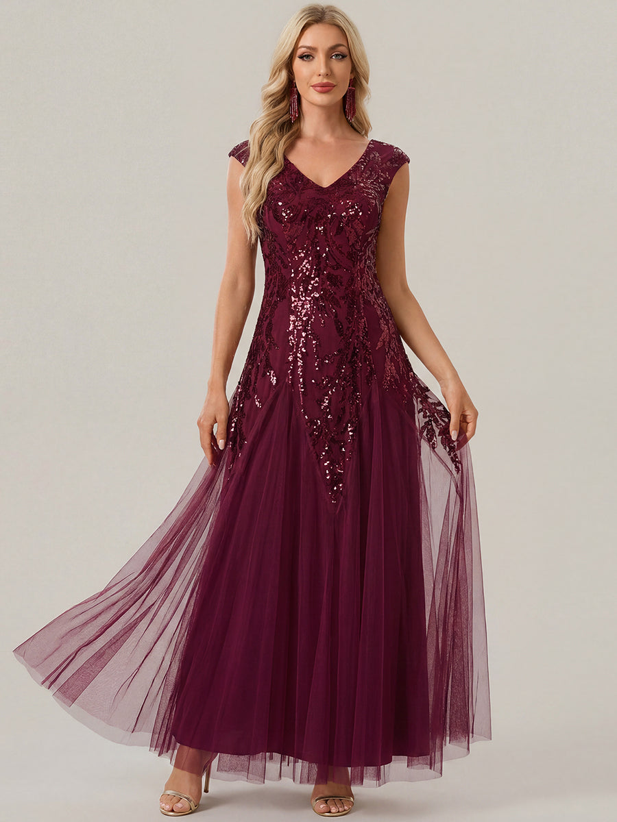 robe longue sans manches décolletée en V brodée de fleurs en A #Couleur_Bordeaux