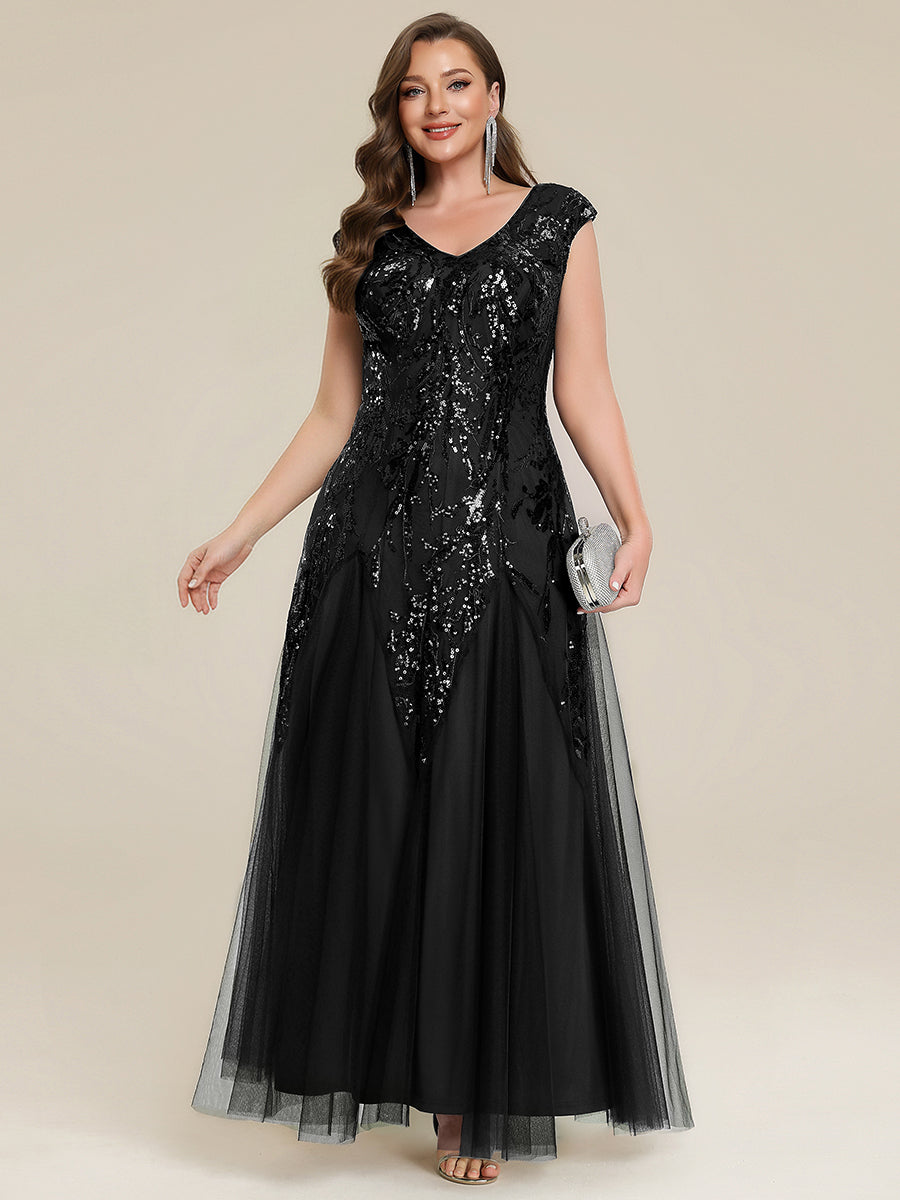 robe longue sans manches décolletée en V brodée de fleurs en A #Couleur_Noir