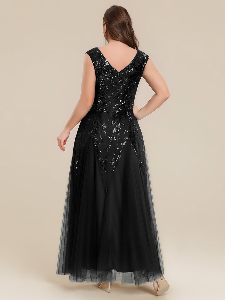 robe longue sans manches décolletée en V brodée de fleurs en A #Couleur_Noir