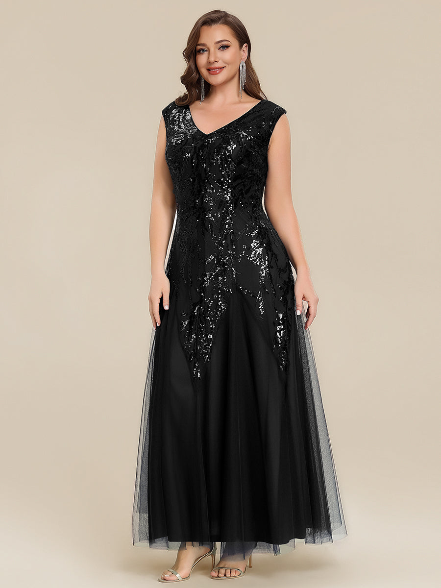 robe longue sans manches décolletée en V brodée de fleurs en A #Couleur_Noir
