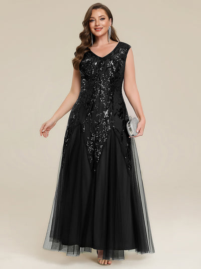 pretty FREYA|Robe Longue de Soirée Grande Taille Col V avec Broderies et Détails Brillants