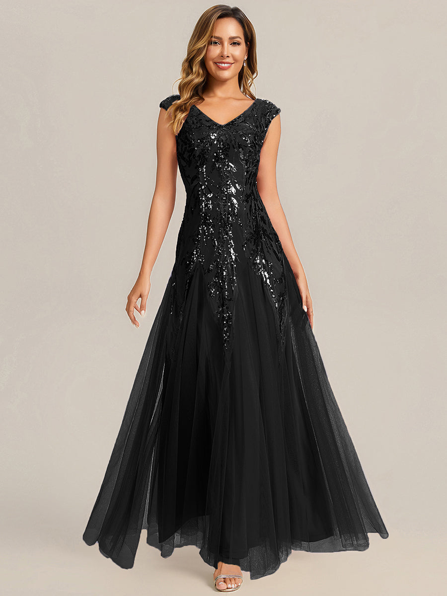 robe longue sans manches décolletée en V brodée de fleurs en A #Couleur_Noir