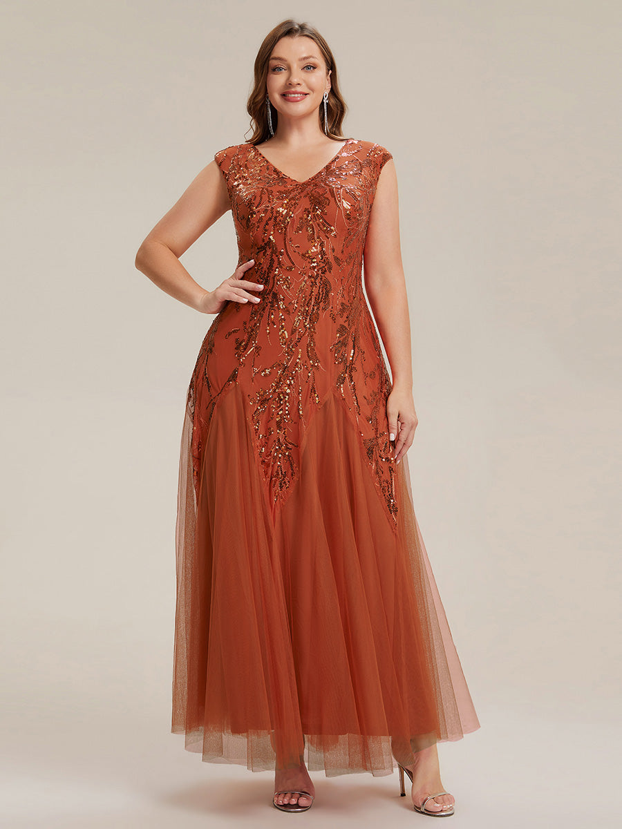 robe longue sans manches décolletée en V brodée de fleurs en A #Couleur_Burnt Orange