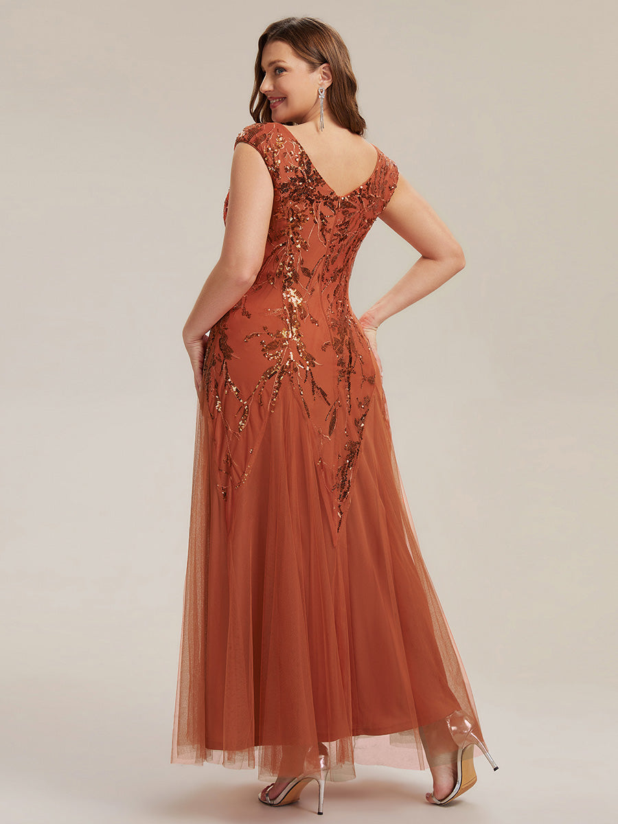 robe longue sans manches décolletée en V brodée de fleurs en A #Couleur_Burnt Orange
