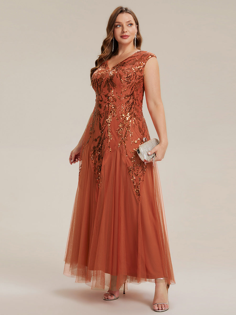 robe longue sans manches décolletée en V brodée de fleurs en A #Couleur_Burnt Orange
