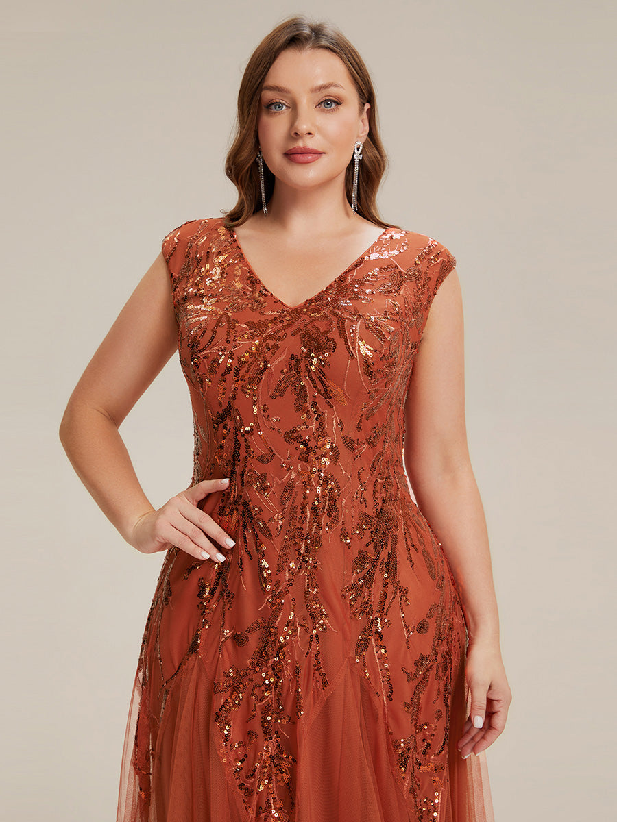 robe longue sans manches décolletée en V brodée de fleurs en A #Couleur_Burnt Orange
