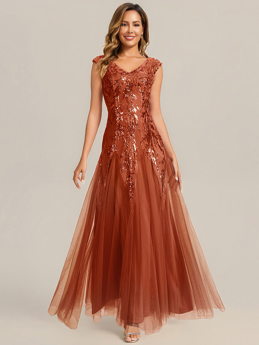 robe longue sans manches décolletée en V brodée de fleurs en A #Couleur_Burnt Orange