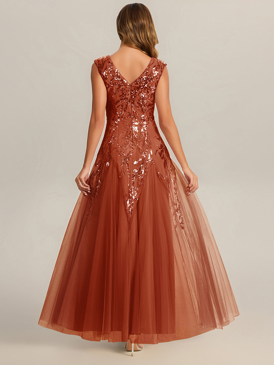 robe longue sans manches décolletée en V brodée de fleurs en A #Couleur_Burnt Orange