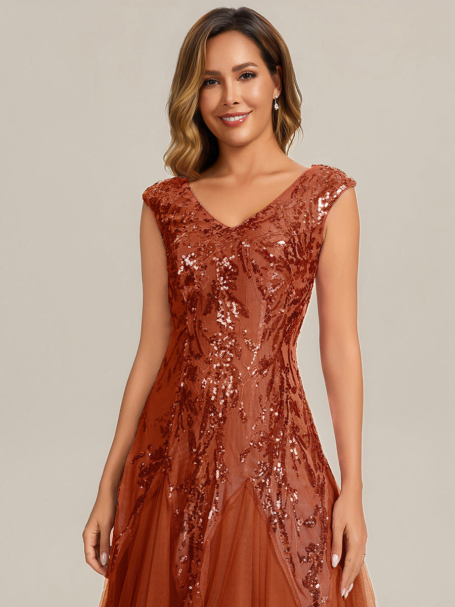 robe longue sans manches décolletée en V brodée de fleurs en A #Couleur_Burnt Orange