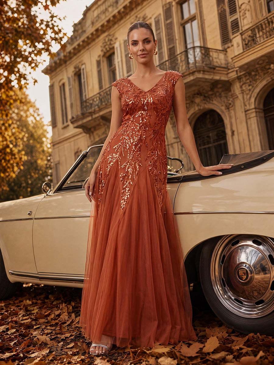 robe longue sans manches décolletée en V brodée de fleurs en A #Couleur_Burnt Orange
