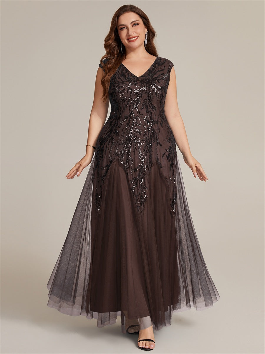 robe longue sans manches décolletée en V brodée de fleurs en A #Couleur_Marron chocolat