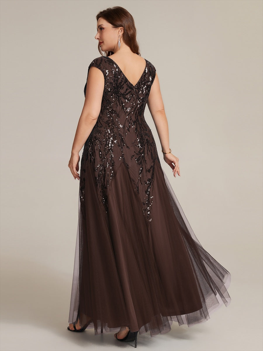 robe longue sans manches décolletée en V brodée de fleurs en A #Couleur_Marron chocolat