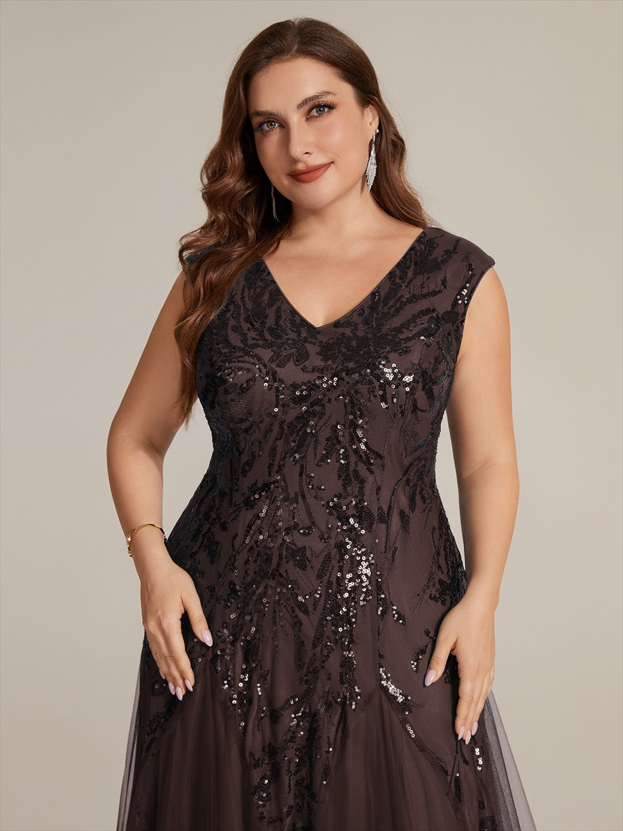 robe longue sans manches décolletée en V brodée de fleurs en A #Couleur_Marron chocolat