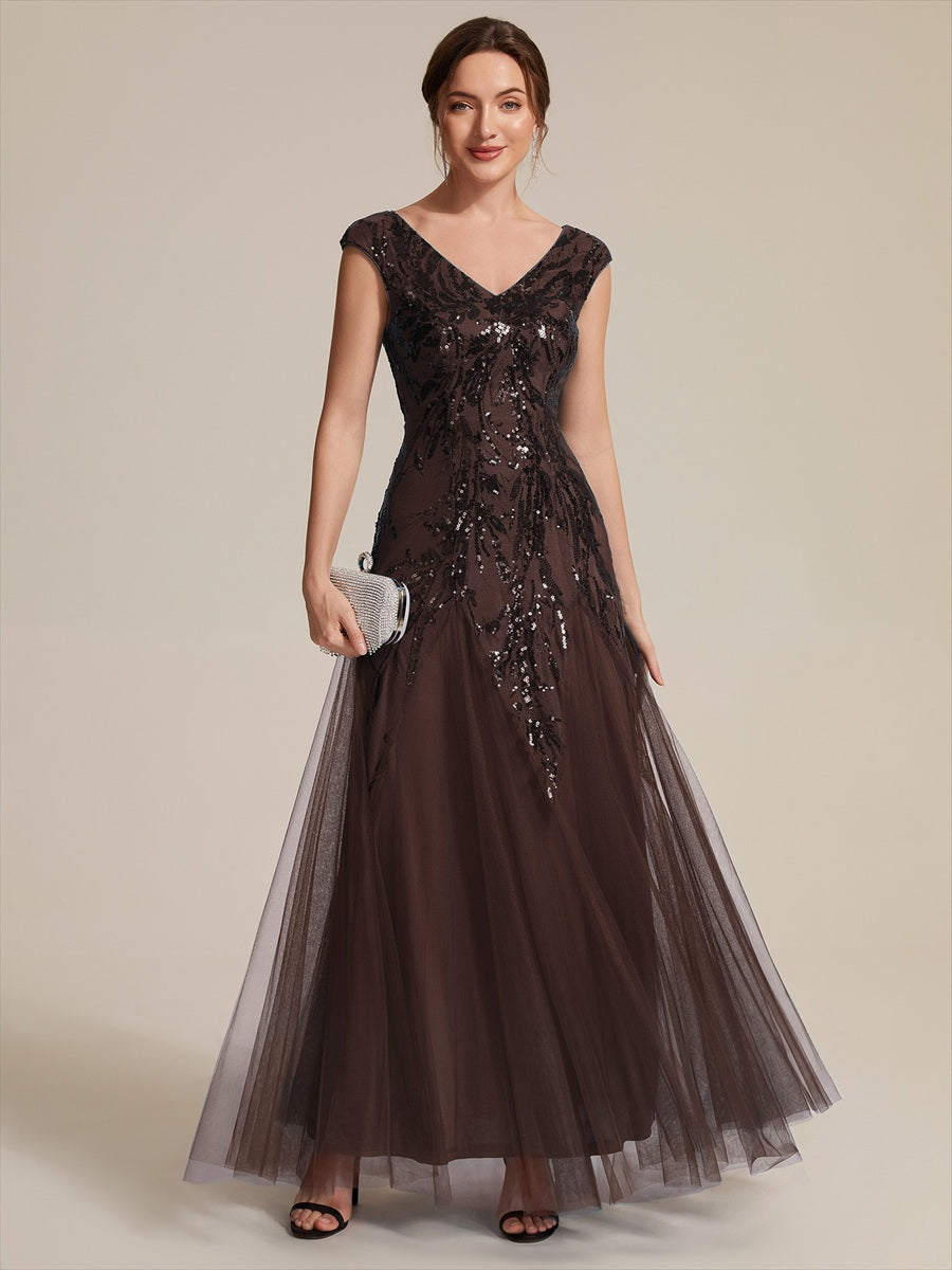 robe longue sans manches décolletée en V brodée de fleurs en A #Couleur_Marron chocolat