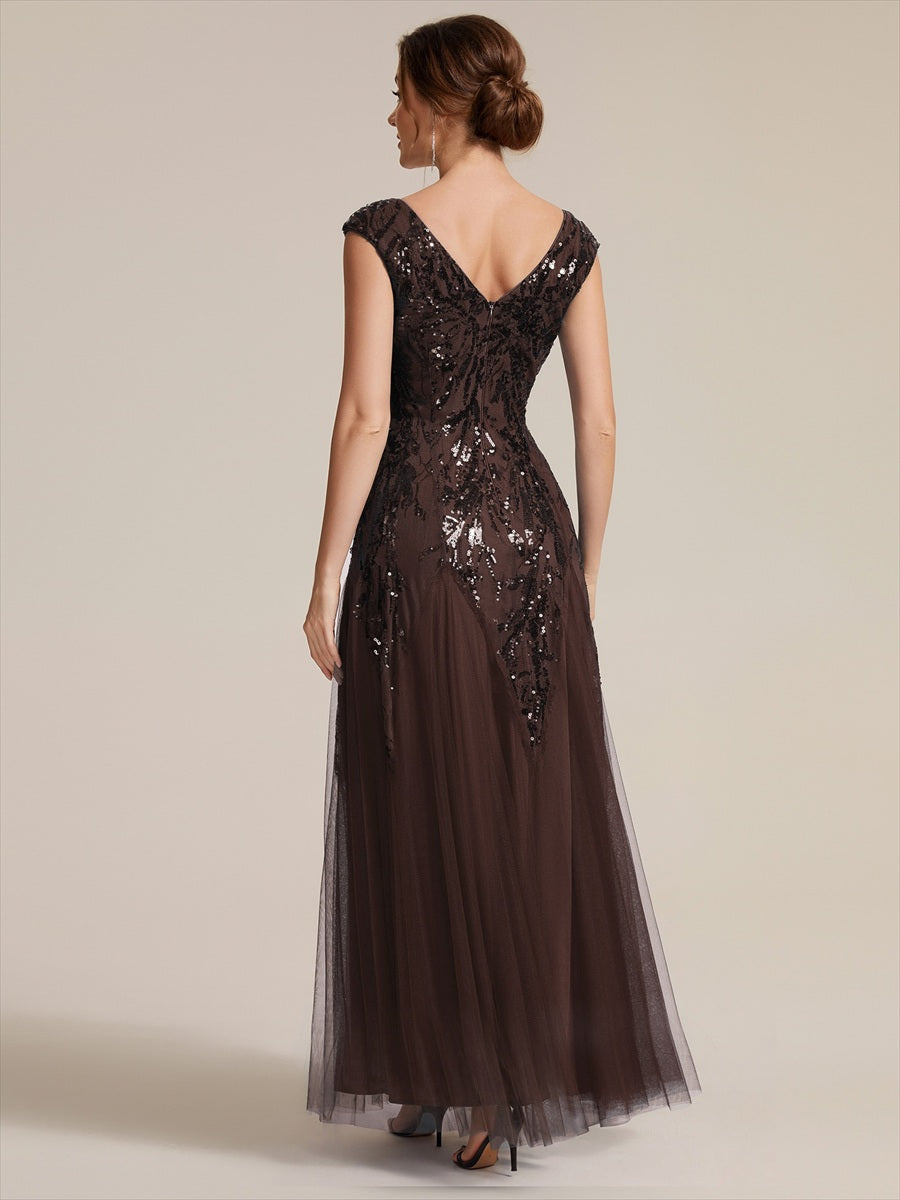 robe longue sans manches décolletée en V brodée de fleurs en A #Couleur_Marron chocolat