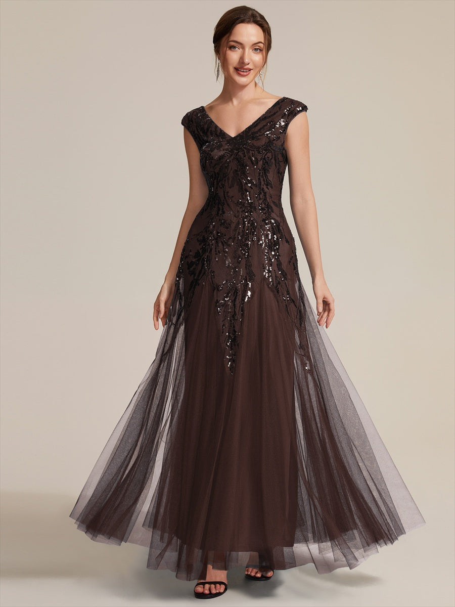robe longue sans manches décolletée en V brodée de fleurs en A #Couleur_Marron chocolat