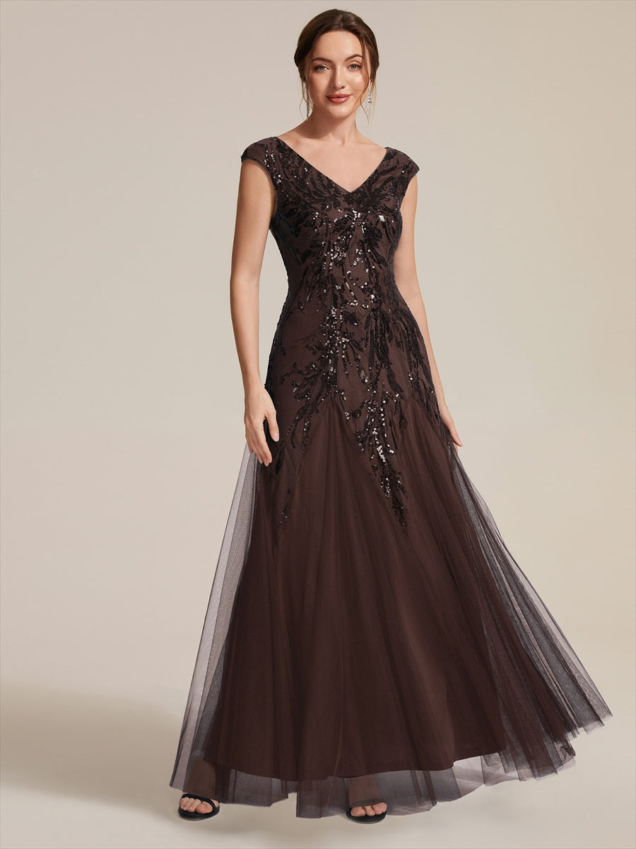 robe longue sans manches décolletée en V brodée de fleurs en A #Couleur_Marron chocolat