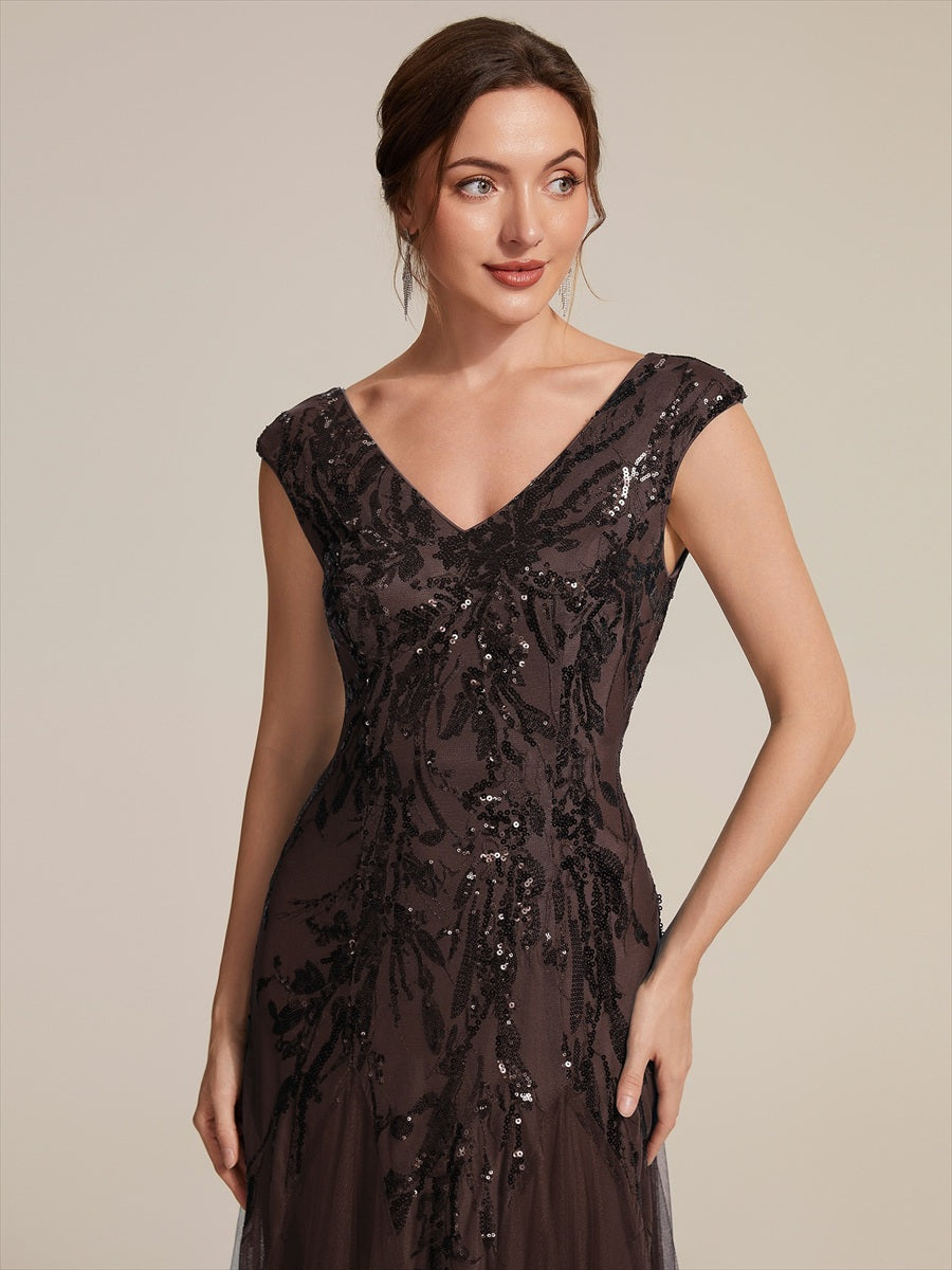 robe longue sans manches décolletée en V brodée de fleurs en A #Couleur_Marron chocolat
