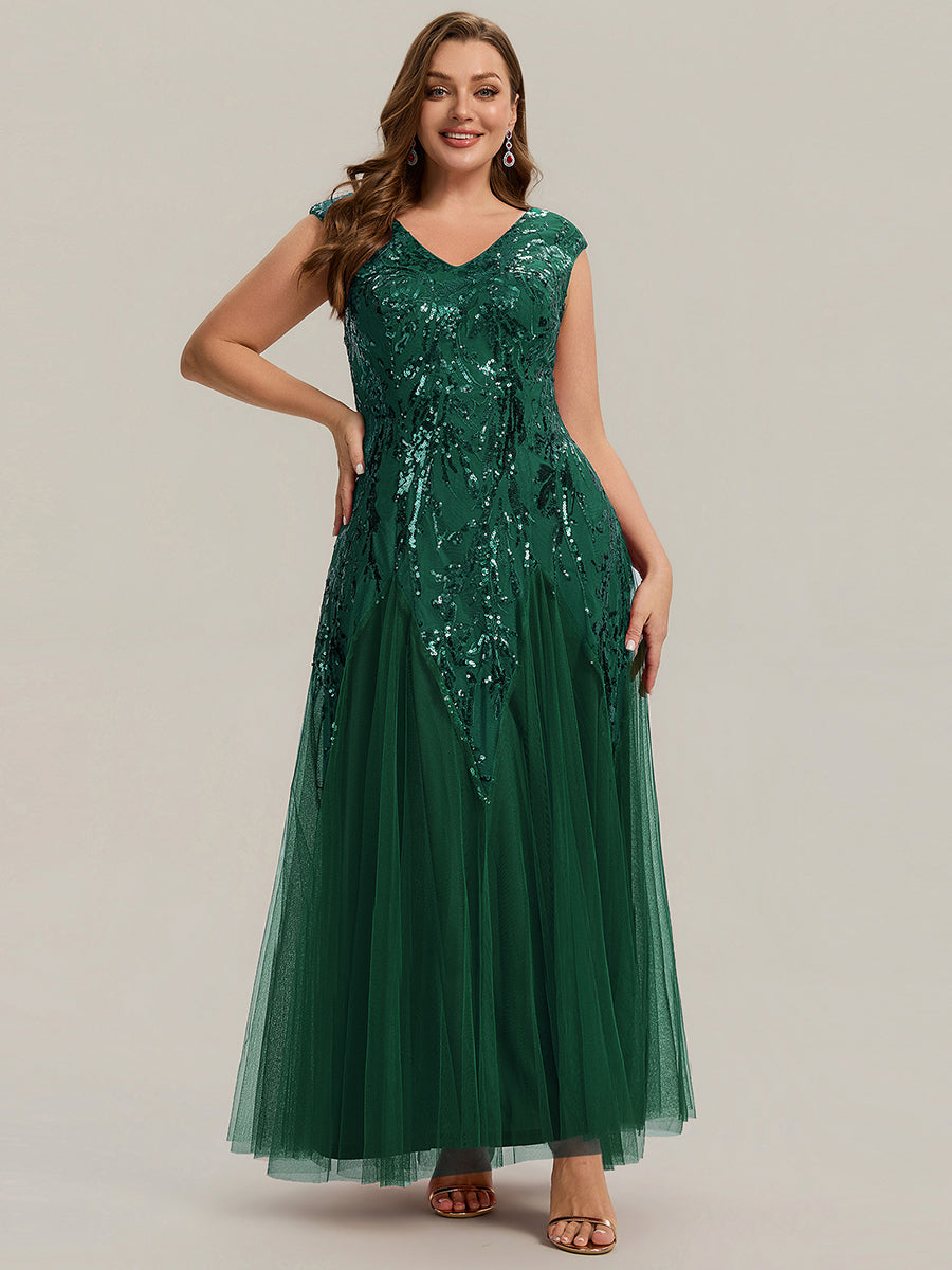 robe longue sans manches décolletée en V brodée de fleurs en A #Couleur_Vert Fonce