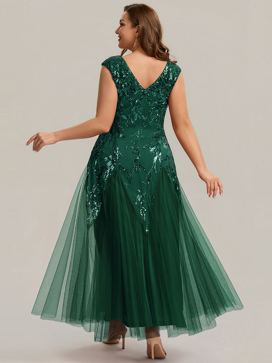 robe longue sans manches décolletée en V brodée de fleurs en A #Couleur_Vert Fonce
