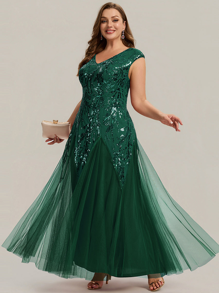 robe longue sans manches décolletée en V brodée de fleurs en A #Couleur_Vert Fonce
