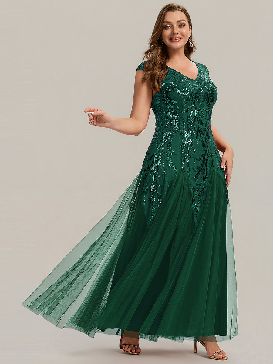 robe longue sans manches décolletée en V brodée de fleurs en A #Couleur_Vert Fonce