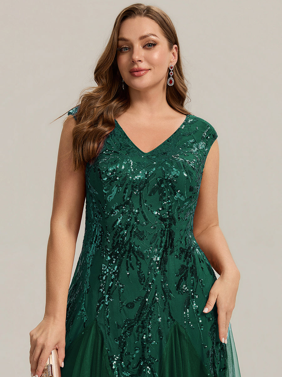 robe longue sans manches décolletée en V brodée de fleurs en A #Couleur_Vert Fonce